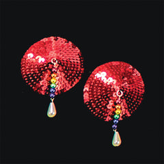 Bijoux de Nip Round Red Sequin Pasties w/ Rainbow Beads